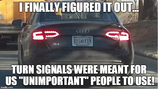 Turn Signals | I FINALLY FIGURED IT OUT... TURN SIGNALS WERE MEANT FOR US "UNIMPORTANT" PEOPLE TO USE! | image tagged in turn signals | made w/ Imgflip meme maker
