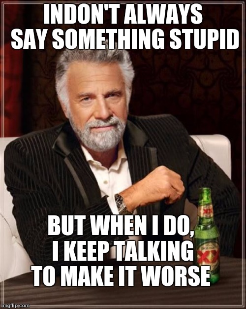 The Most Interesting Man In The World | INDON'T ALWAYS SAY SOMETHING STUPID; BUT WHEN I DO, I KEEP TALKING TO MAKE IT WORSE | image tagged in memes,the most interesting man in the world | made w/ Imgflip meme maker