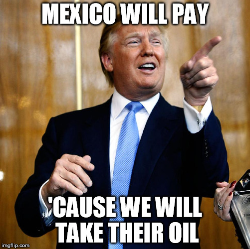 Donald Trump | MEXICO WILL PAY; 'CAUSE WE WILL TAKE THEIR OIL | image tagged in donald trump | made w/ Imgflip meme maker