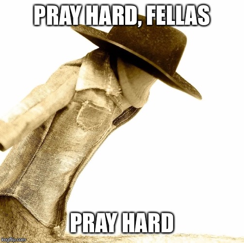 PRAY HARD, FELLAS; PRAY HARD | image tagged in cowboy | made w/ Imgflip meme maker