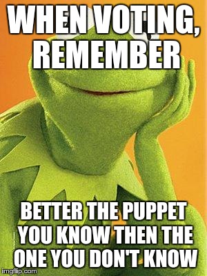 It's Election Time | WHEN VOTING, REMEMBER; BETTER THE PUPPET YOU KNOW THEN THE ONE YOU DON'T KNOW | image tagged in kermit the frog | made w/ Imgflip meme maker