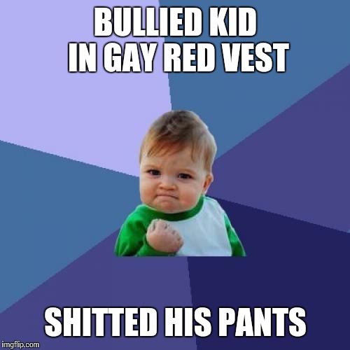 Success Kid Meme | BULLIED KID IN GAY RED VEST SHITTED HIS PANTS | image tagged in memes,success kid | made w/ Imgflip meme maker