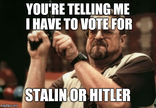 Am I The Only One Around Here | YOU'RE TELLING ME I HAVE TO VOTE FOR; STALIN OR HITLER | image tagged in memes,am i the only one around here | made w/ Imgflip meme maker