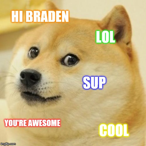 Doge | HI BRADEN; LOL; SUP; YOU'RE AWESOME; COOL | image tagged in memes,doge,scumbag | made w/ Imgflip meme maker
