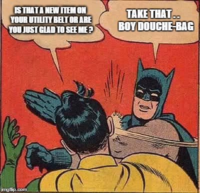 Batman Slapping Robin | IS THAT A NEW ITEM ON YOUR UTILITY BELT OR ARE YOU JUST GLAD TO SEE ME ? TAKE THAT . .   BOY DOUCHE-BAG | image tagged in memes,batman slapping robin | made w/ Imgflip meme maker