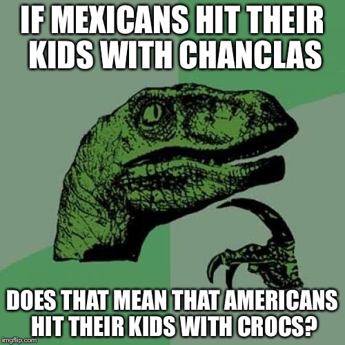 Philosoraptor | IF MEXICANS HIT THEIR KIDS WITH CHANCLAS; DOES THAT MEAN THAT AMERICANS HIT THEIR KIDS WITH CROCS? | image tagged in memes,philosoraptor | made w/ Imgflip meme maker