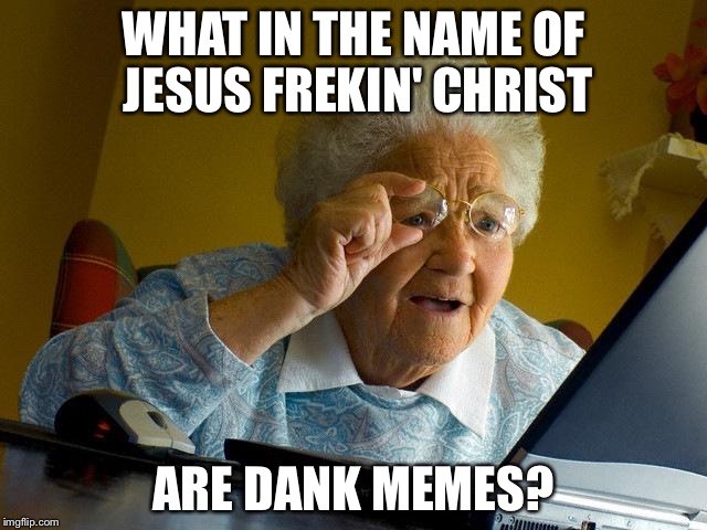 Grandma Finds The Internet Meme | WHAT IN THE NAME OF JESUS FREKIN' CHRIST; ARE DANK MEMES? | image tagged in memes,grandma finds the internet | made w/ Imgflip meme maker