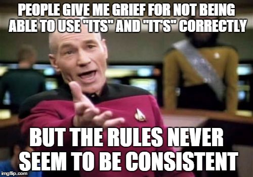 Anybody else? | PEOPLE GIVE ME GRIEF FOR NOT BEING ABLE TO USE "ITS" AND "IT'S" CORRECTLY; BUT THE RULES NEVER SEEM TO BE CONSISTENT | image tagged in memes,picard wtf,grammar | made w/ Imgflip meme maker