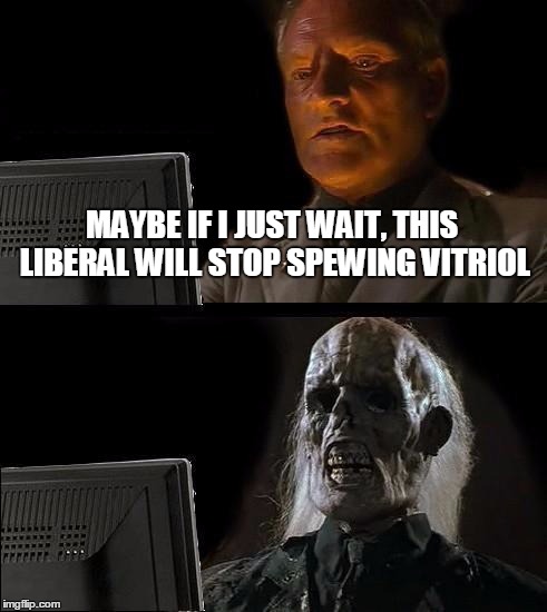 I'll Just Wait Here Meme | MAYBE IF I JUST WAIT, THIS LIBERAL WILL STOP SPEWING VITRIOL | image tagged in memes,ill just wait here | made w/ Imgflip meme maker