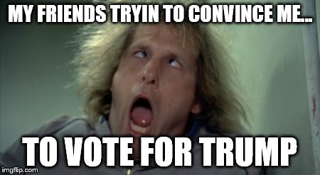 Scary Harry | MY FRIENDS TRYIN TO CONVINCE ME... TO VOTE FOR TRUMP | image tagged in memes,scary harry | made w/ Imgflip meme maker