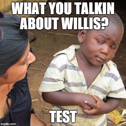 Third World Skeptical Kid | WHAT YOU TALKIN ABOUT WILLIS? TEST | image tagged in memes,third world skeptical kid | made w/ Imgflip meme maker