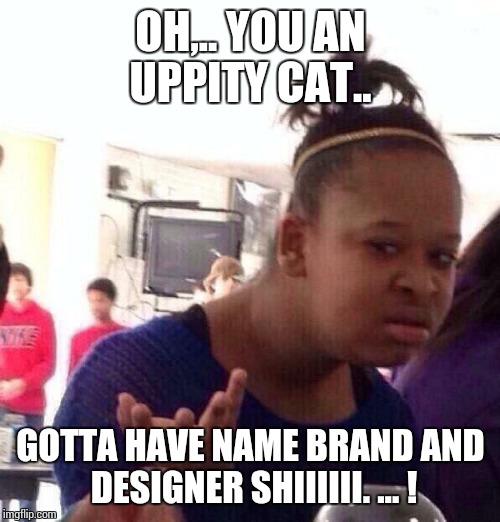 Black Girl Wat Meme | OH,.. YOU AN UPPITY CAT.. GOTTA HAVE NAME BRAND AND DESIGNER SHIIIIII. ... ! | image tagged in memes,black girl wat | made w/ Imgflip meme maker