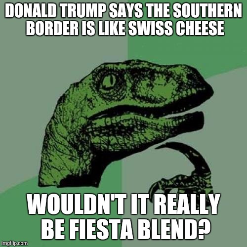 Philosoraptor Meme | DONALD TRUMP SAYS THE SOUTHERN BORDER IS LIKE SWISS CHEESE; WOULDN'T IT REALLY BE FIESTA BLEND? | image tagged in memes,philosoraptor | made w/ Imgflip meme maker
