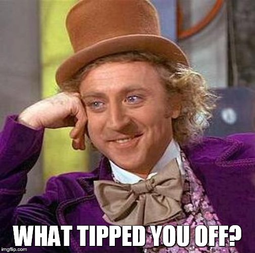 Creepy Condescending Wonka Meme | WHAT TIPPED YOU OFF? | image tagged in memes,creepy condescending wonka | made w/ Imgflip meme maker