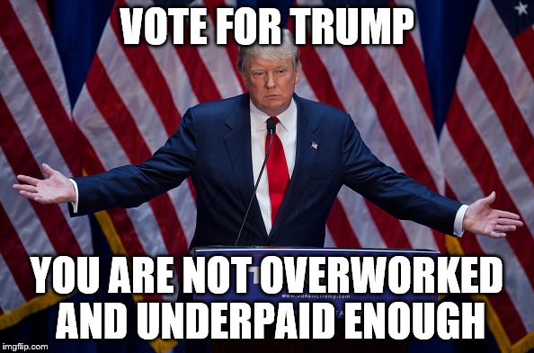 Donald Trump | VOTE FOR TRUMP; YOU ARE NOT OVERWORKED AND UNDERPAID ENOUGH | image tagged in donald trump | made w/ Imgflip meme maker