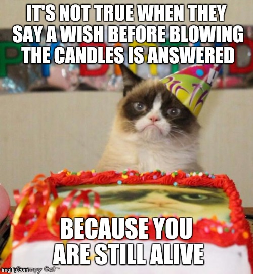 Grumpy Cat Birthday | IT'S NOT TRUE WHEN THEY SAY A WISH BEFORE BLOWING THE CANDLES IS ANSWERED; BECAUSE YOU ARE STILL ALIVE | image tagged in memes,grumpy cat birthday | made w/ Imgflip meme maker