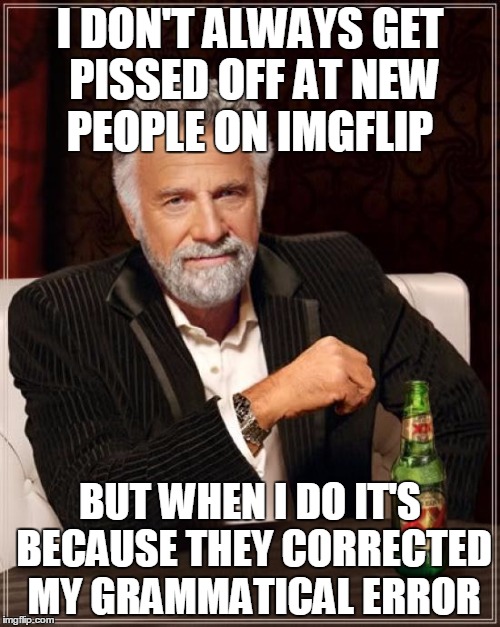 Error: Title not found | I DON'T ALWAYS GET PISSED OFF AT NEW PEOPLE ON IMGFLIP; BUT WHEN I DO IT'S BECAUSE THEY CORRECTED MY GRAMMATICAL ERROR | image tagged in memes,the most interesting man in the world,funny,grammar nazi | made w/ Imgflip meme maker