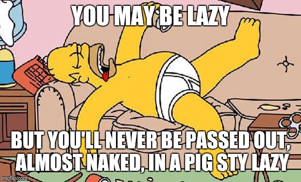 Homer-lazy | YOU MAY BE LAZY; BUT YOU'LL NEVER BE PASSED OUT, ALMOST NAKED, IN A PIG STY LAZY | image tagged in homer-lazy | made w/ Imgflip meme maker