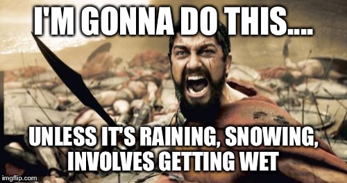 Sparta Leonidas Meme | I'M GONNA DO THIS.... UNLESS IT'S RAINING, SNOWING, INVOLVES GETTING WET | image tagged in memes,sparta leonidas | made w/ Imgflip meme maker