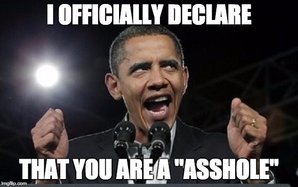 Angry Obama | I OFFICIALLY DECLARE; THAT YOU ARE A "ASSHOLE" | image tagged in angry obama | made w/ Imgflip meme maker
