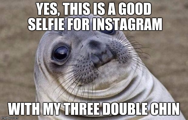 Awkward Moment Sealion Meme | YES, THIS IS A GOOD SELFIE FOR INSTAGRAM; WITH MY THREE DOUBLE CHIN | image tagged in memes,awkward moment sealion | made w/ Imgflip meme maker