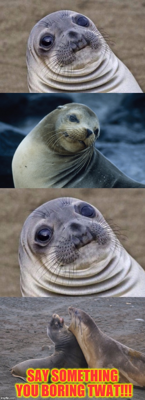 Awkward sealion date | SAY SOMETHING YOU BORING TWAT!!! | image tagged in memes,awkward moment sealion,date,dating | made w/ Imgflip meme maker