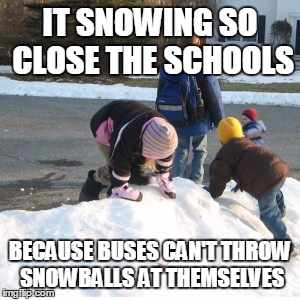 snow day | IT SNOWING SO CLOSE THE SCHOOLS; BECAUSE BUSES CAN'T THROW SNOWBALLS AT THEMSELVES | image tagged in snow,balls,snow balls,kids,buses | made w/ Imgflip meme maker
