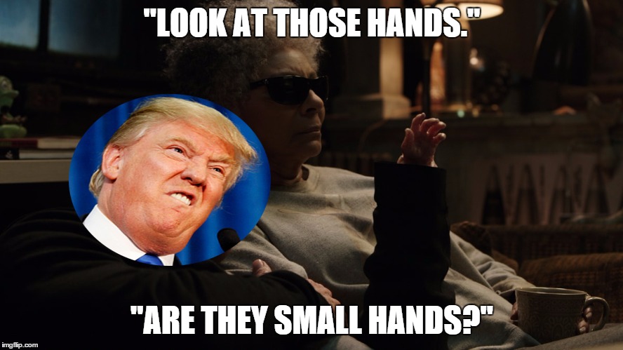 "LOOK AT THOSE HANDS."; "ARE THEY SMALL HANDS?" | image tagged in baby hand | made w/ Imgflip meme maker