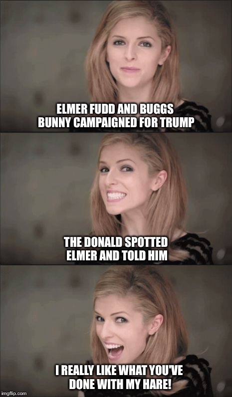 Bad Pun Anna Kendrick Meme |  ELMER FUDD AND BUGGS BUNNY CAMPAIGNED FOR TRUMP; THE DONALD SPOTTED ELMER AND TOLD HIM; I REALLY LIKE WHAT YOU'VE DONE WITH MY HARE! | image tagged in bad pun anna kendrick | made w/ Imgflip meme maker