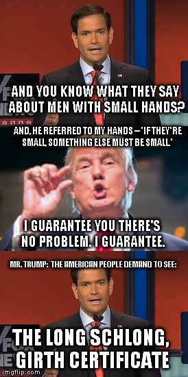 Trump Certificate | AND YOU KNOW WHAT THEY SAY ABOUT MEN WITH SMALL HANDS? AND, HE REFERRED TO MY HANDS -- 'IF THEY'RE SMALL, SOMETHING ELSE MUST BE SMALL.'; I GUARANTEE YOU THERE'S NO PROBLEM. I GUARANTEE. MR. TRUMP:  THE AMERICAN PEOPLE DEMAND TO SEE:; THE LONG SCHLONG, GIRTH CERTIFICATE | image tagged in donald trump,small hands,birth certificate,marco rubio | made w/ Imgflip meme maker