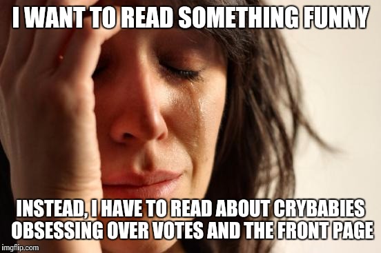 First World Problems |  I WANT TO READ SOMETHING FUNNY; INSTEAD, I HAVE TO READ ABOUT CRYBABIES OBSESSING OVER VOTES AND THE FRONT PAGE | image tagged in memes,first world problems | made w/ Imgflip meme maker