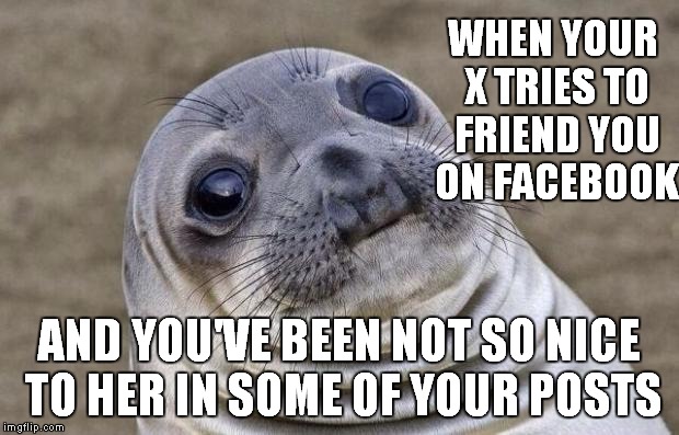 Seriously how far back you gonna read... | WHEN YOUR X TRIES TO FRIEND YOU ON FACEBOOK; AND YOU'VE BEEN NOT SO NICE TO HER IN SOME OF YOUR POSTS | image tagged in memes,awkward moment sealion | made w/ Imgflip meme maker