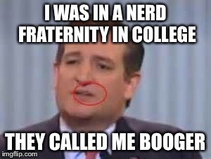 Booger Cruz | I WAS IN A NERD FRATERNITY IN COLLEGE; THEY CALLED ME BOOGER | image tagged in ted cruz,booger | made w/ Imgflip meme maker