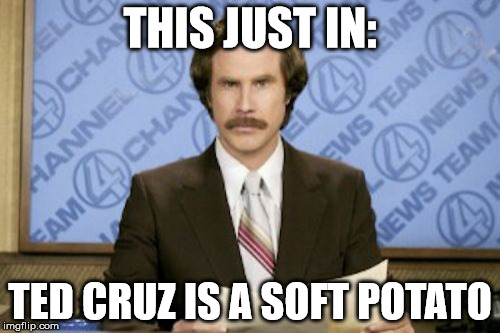 Ron Burgundy Meme | THIS JUST IN:; TED CRUZ IS A SOFT POTATO | image tagged in memes,ron burgundy | made w/ Imgflip meme maker