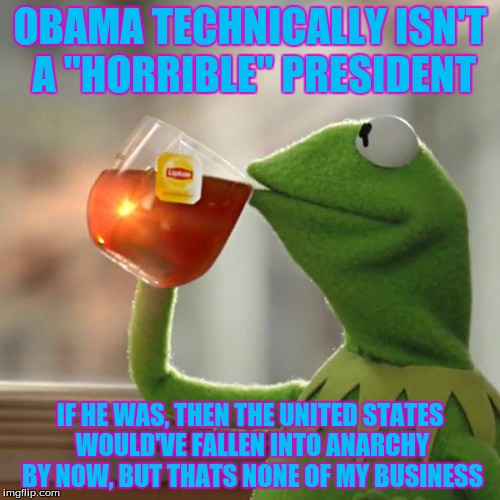 But That's None Of My Business | OBAMA TECHNICALLY ISN'T A "HORRIBLE" PRESIDENT; IF HE WAS, THEN THE UNITED STATES WOULD'VE FALLEN INTO ANARCHY BY NOW, BUT THATS NONE OF MY BUSINESS | image tagged in memes,but thats none of my business,kermit the frog | made w/ Imgflip meme maker