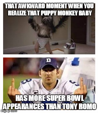 That awkward moment | THAT AWKWARD MOMENT WHEN YOU REALIZE THAT PUPPY MONKEY BABY; HAS MORE SUPER BOWL APPEARANCES THAN TONY ROMO | image tagged in tony romo,puppy monkey baby,memes | made w/ Imgflip meme maker
