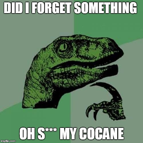 Philosoraptor | DID I FORGET SOMETHING; OH S*** MY COCANE | image tagged in memes,philosoraptor | made w/ Imgflip meme maker