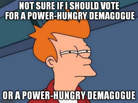 If The Presidential Election Winds Down To Trump Vs. Clinton | NOT SURE IF I SHOULD VOTE FOR A POWER-HUNGRY DEMAGOGUE; OR A POWER-HUNGRY DEMAGOGUE | image tagged in memes,futurama fry,politics,politicians,voting,free speech | made w/ Imgflip meme maker