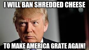 Trump is such a muenster, he will do anything to make himself look gouda! | I WILL BAN SHREDDED CHEESE; TO MAKE AMERICA GRATE AGAIN! | image tagged in lol,trump | made w/ Imgflip meme maker