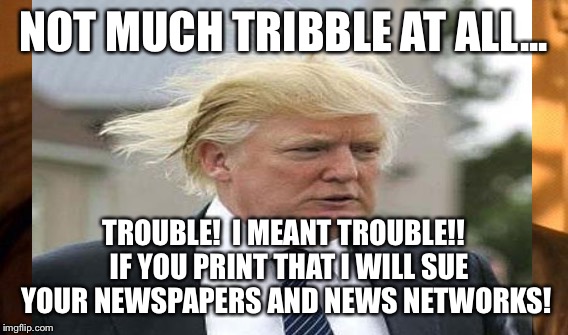 NOT MUCH TRIBBLE AT ALL... TROUBLE!  I MEANT TROUBLE!!  IF YOU PRINT THAT I WILL SUE YOUR NEWSPAPERS AND NEWS NETWORKS! | made w/ Imgflip meme maker