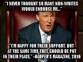 Donald Trump | "I NEVER THOUGHT SO MANY NON-WHITES WOULD ENDORSE ME..."; "I'M HAPPY FOR THEIR SUPPORT, BUT AT THE SAME TIME THEY SHOULD BE PUT IN THEIR PLACE." -HARPER'S MAGAZINE, 2016 | image tagged in donald trump | made w/ Imgflip meme maker