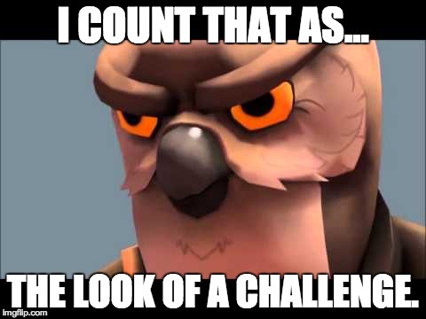 Owl sniper | I COUNT THAT AS... THE LOOK OF A CHALLENGE. | image tagged in owl sniper | made w/ Imgflip meme maker