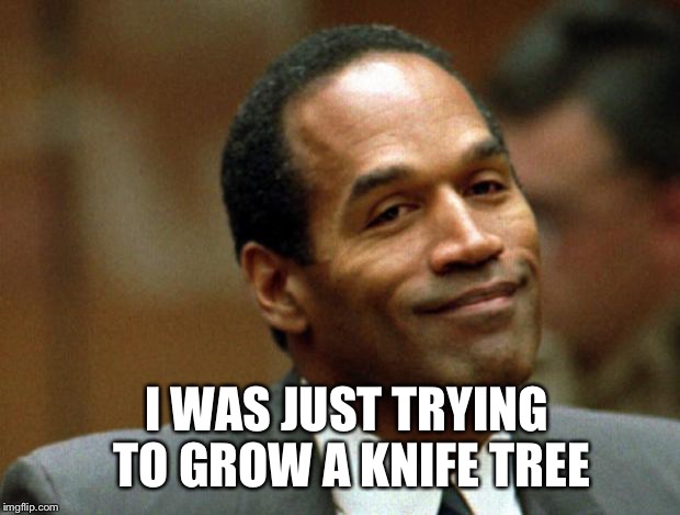 OJ: not what you think | I WAS JUST TRYING TO GROW A KNIFE TREE | image tagged in oj simpson smiling | made w/ Imgflip meme maker