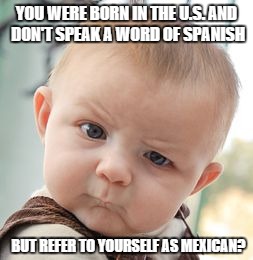 Mexican? | YOU WERE BORN IN THE U.S. AND DON'T SPEAK A WORD OF SPANISH; BUT REFER TO YOURSELF AS MEXICAN? | image tagged in memes,skeptical baby,mexicans | made w/ Imgflip meme maker