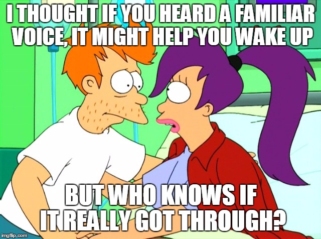 wake up | I THOUGHT IF YOU HEARD A FAMILIAR VOICE, IT MIGHT HELP YOU WAKE UP; BUT WHO KNOWS IF IT REALLY GOT THROUGH? | image tagged in futurama | made w/ Imgflip meme maker