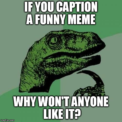 funny caption | IF YOU CAPTION A FUNNY MEME; WHY WON'T ANYONE LIKE IT? | image tagged in memes,philosoraptor,funny,meme | made w/ Imgflip meme maker