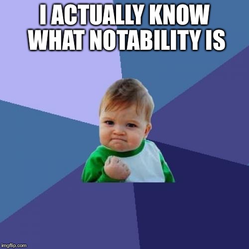 Success Kid Meme | I ACTUALLY KNOW WHAT NOTABILITY IS | image tagged in memes,success kid | made w/ Imgflip meme maker