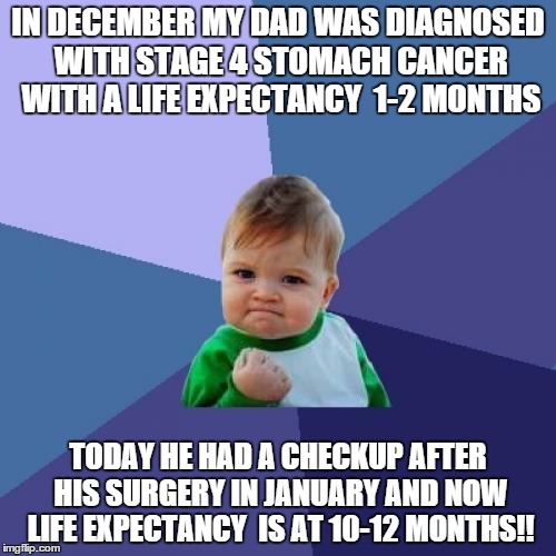 Success Kid Meme | IN DECEMBER MY DAD WAS DIAGNOSED WITH STAGE 4 STOMACH CANCER WITH A LIFE EXPECTANCY  1-2 MONTHS; TODAY HE HAD A CHECKUP AFTER HIS SURGERY IN JANUARY AND NOW LIFE EXPECTANCY  IS AT 10-12 MONTHS!! | image tagged in memes,success kid,AdviceAnimals | made w/ Imgflip meme maker