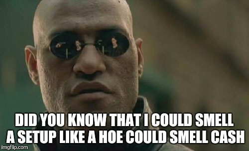 Matrix Morpheus | DID YOU KNOW THAT I COULD SMELL A SETUP LIKE A HOE COULD SMELL CASH | image tagged in memes,matrix morpheus | made w/ Imgflip meme maker