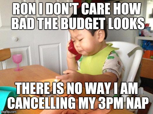 No Bullshit Business Baby | RON I DON'T CARE HOW BAD THE BUDGET LOOKS; THERE IS NO WAY I AM CANCELLING MY 3PM NAP | image tagged in memes,no bullshit business baby,AdviceAnimals | made w/ Imgflip meme maker